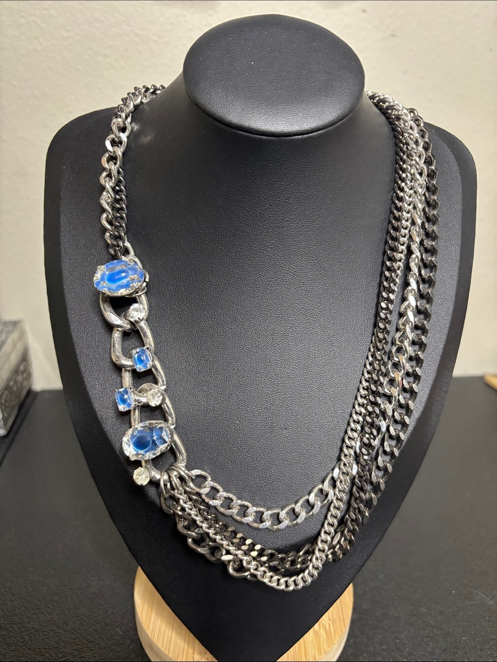 Statement Multi-Chain Silver Necklace with Blue Stone Accents